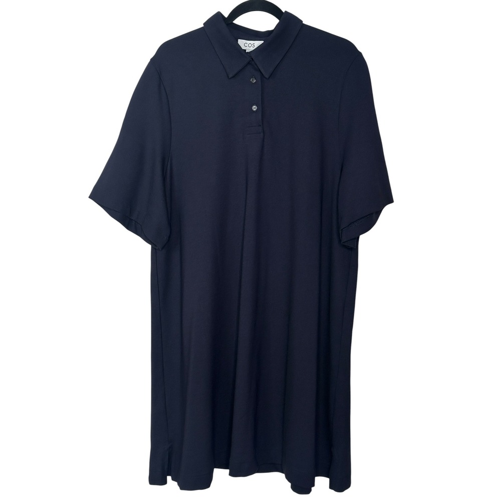 NEW COS Polo Shirt Dress Large Navy Blue S/S Jersey Minimalist NWT Luxury - Picture 2 of 10